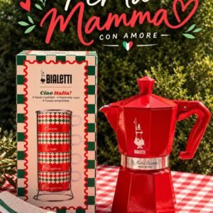 CAFETERA BIALETTI MOKA RED + JUEGO DE 4 TAZAS TRICOLOR CIAO AMORE BIALETTI
